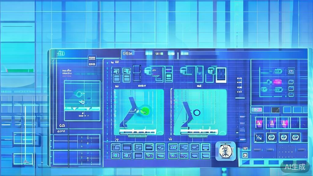 Flat vector illustration of a video editing process with AI technology, dashboard style, soft blue gradient