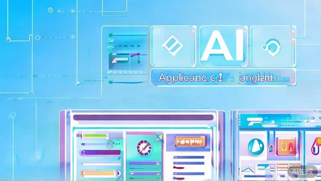 Flat vector illustration of AI application in various fields, dashboard style, soft blue gradient