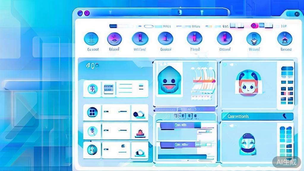 Flat vector illustration of educational AI animation, dashboard style, soft blue gradient