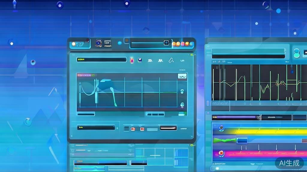 Flat vector illustration of video editing tools, dashboard style, soft blue gradient