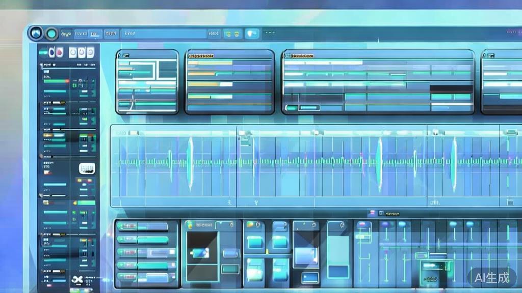 Flat vector illustration of video editing tools, dashboard style, soft blue gradient