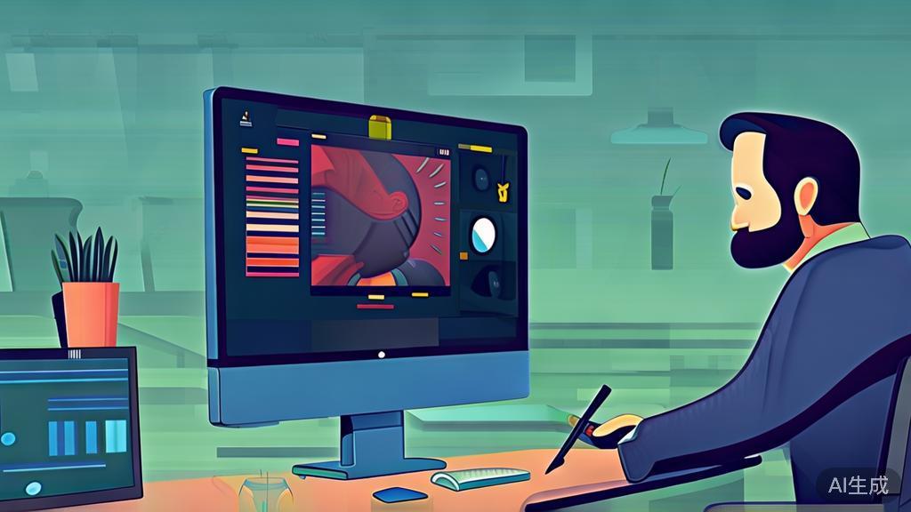 "High-quality business illustration of a professional video editor using a paid video editing software, minimal flat design"