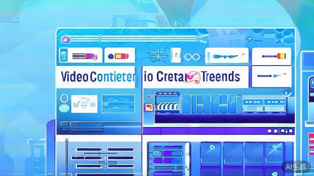 "Flat vector illustration of video content creation trends, dashboard style, soft blue gradient"