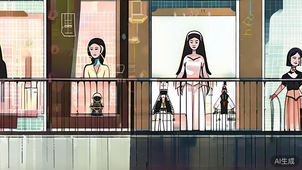 "High-quality business illustration regarding the evolution of female characters in Chinese comics with AI integration, minimal flat design"