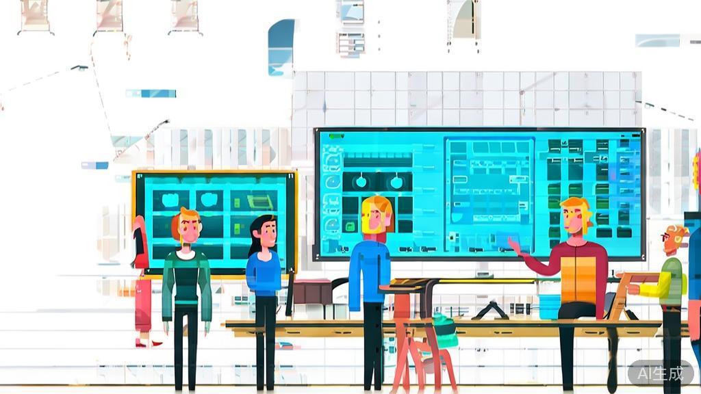 "Flat vector illustration of team collaboration in animation production, minimal flat design"