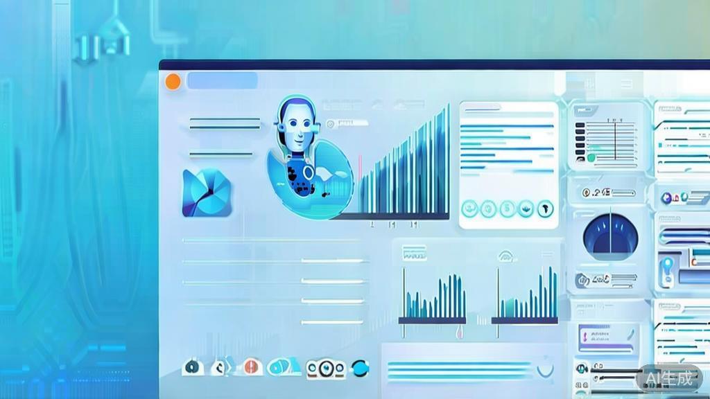 Flat vector illustration of future marketing trends with AI, dashboard style, soft blue gradient