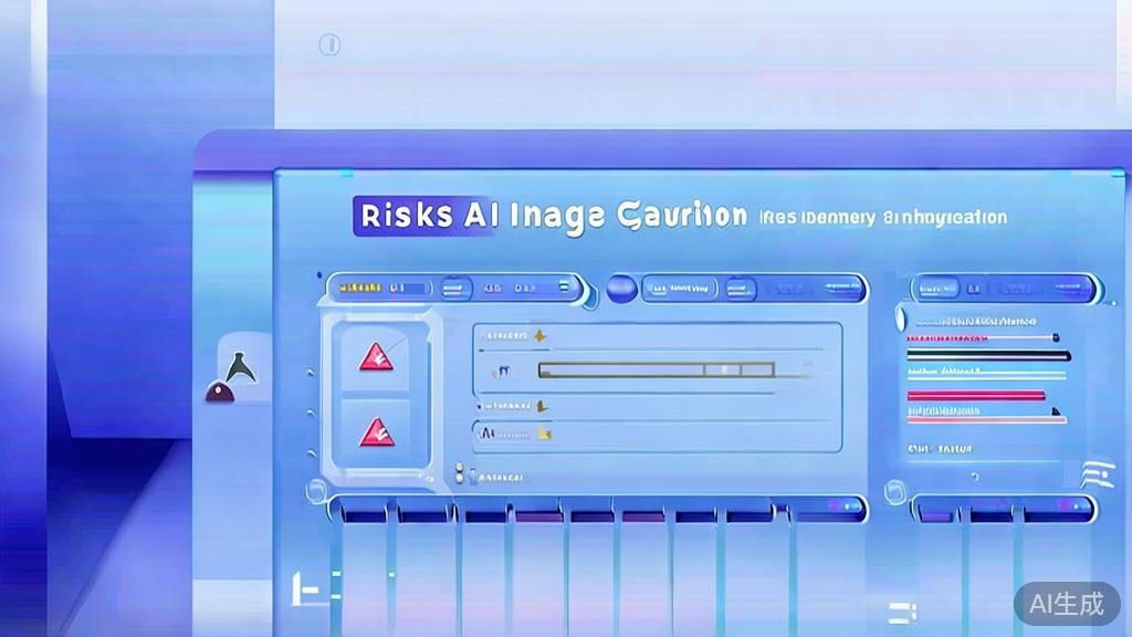 Flat vector illustration of risks associated with AI image generation, dashboard style, soft blue gradient
