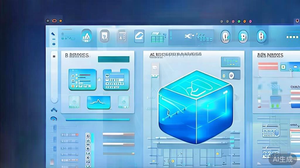 Flat vector illustration of a news media platform using AI video generation for real-time reporting, dashboard style, soft blue gradient