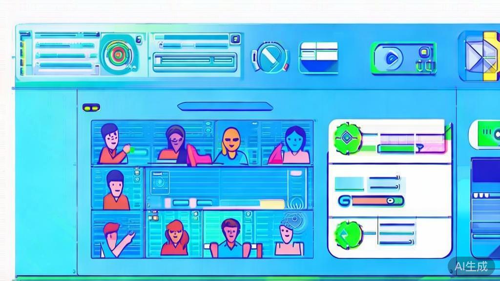Flat vector illustration of different user groups using video tools, dashboard style, soft blue gradient