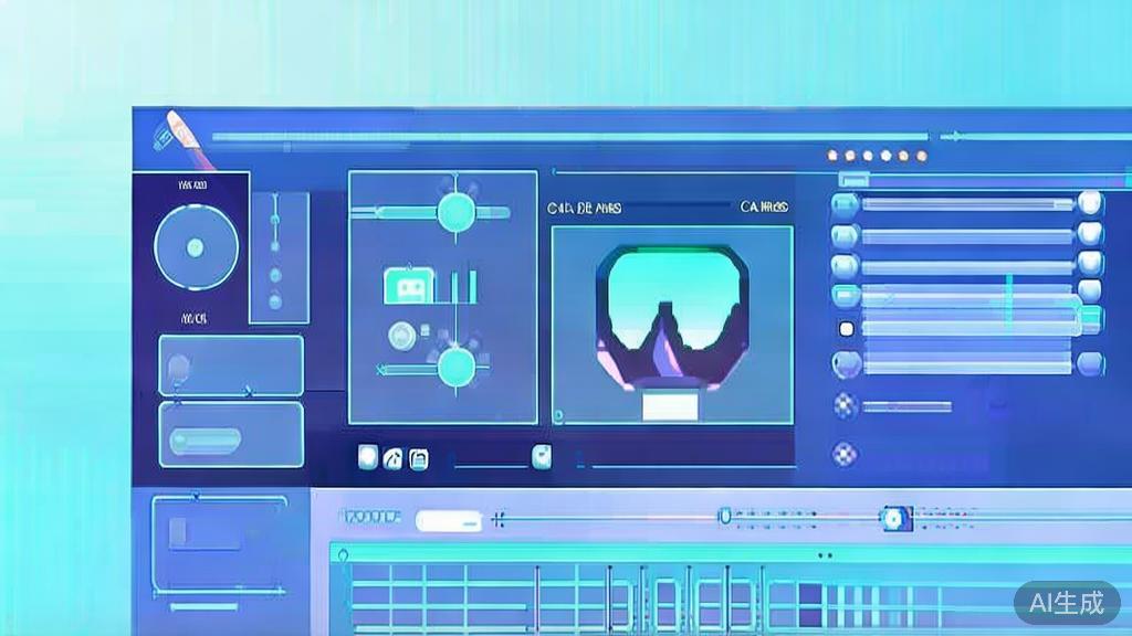 Flat vector illustration of AI video editing process, dashboard style, soft blue gradient