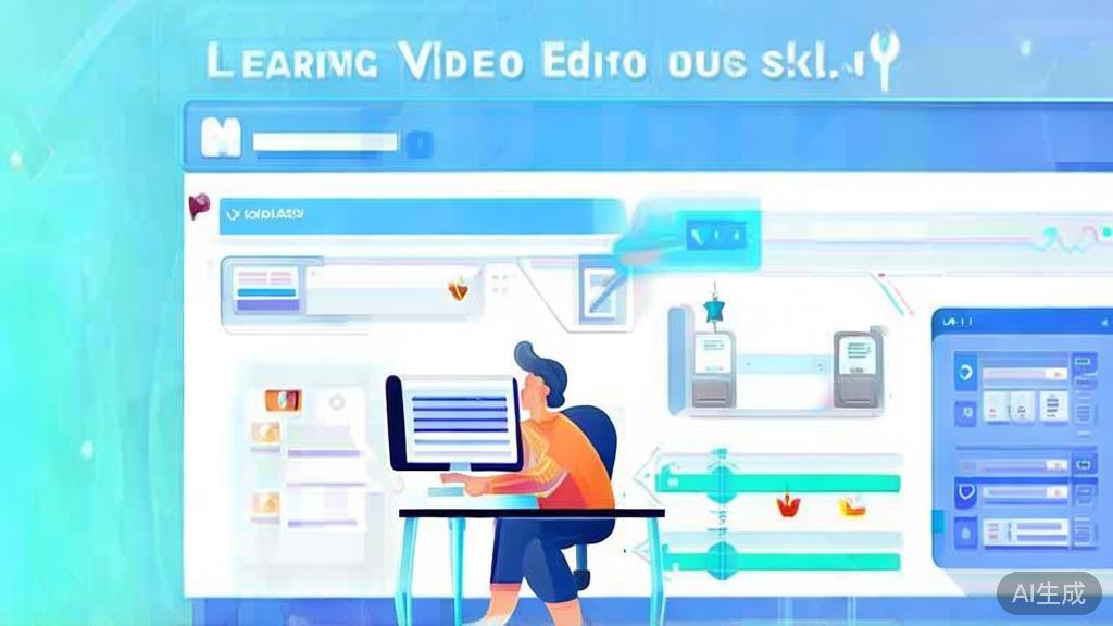 Flat vector illustration of user learning video editing skills, dashboard style, soft blue gradient