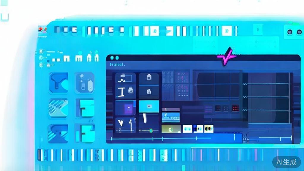 "Flat vector illustration of video editing with AI technology, dashboard style, soft blue gradient"