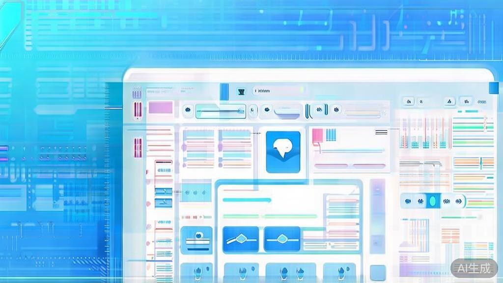 Flat vector illustration of AI scriptwriting tools, dashboard style, soft blue gradient