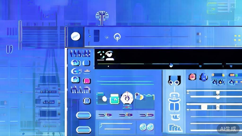 Flat vector illustration of AI tools in drama production, dashboard style, soft blue gradient