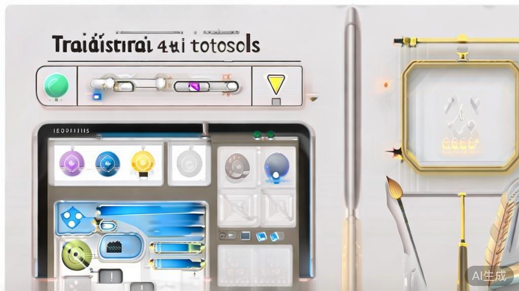 Illustration showing the comparison between AI and traditional tools in creative processes, minimal flat design