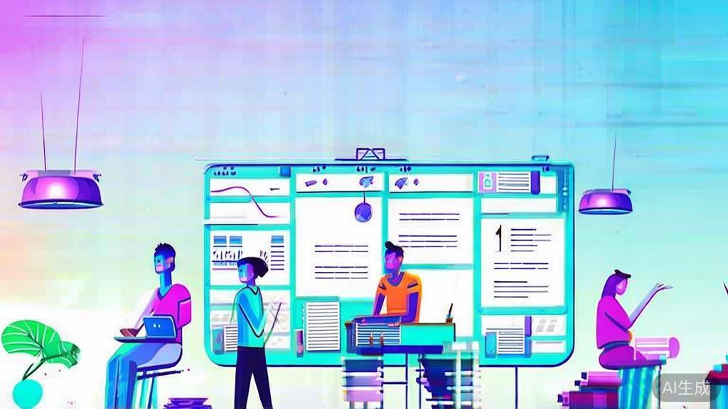 Flat vector illustration of a creative team collaborating on a short drama production, dashboard style, soft blue gradient