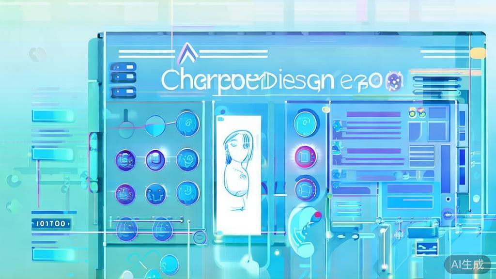 Flat vector illustration of character design process using AI tools, dashboard style, soft blue gradient