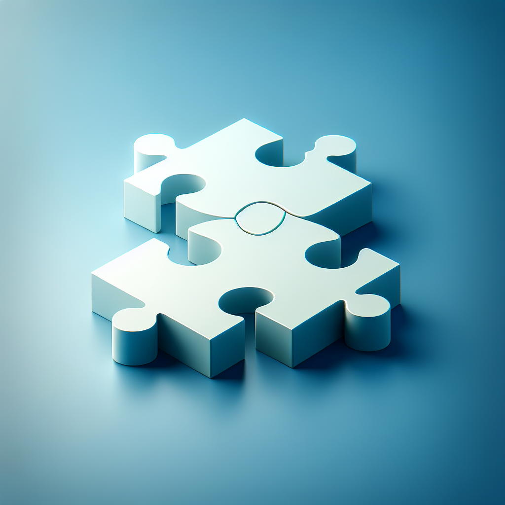 Simple puzzle pieces connecting together, gradient blue background, clean flat design, business solution concept, minimalist style, success concept
