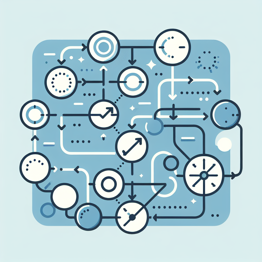 "Simple flowchart illustration with connected circles and arrows, light blue and white color scheme, clean minimal design, business presentation style, infographic element"