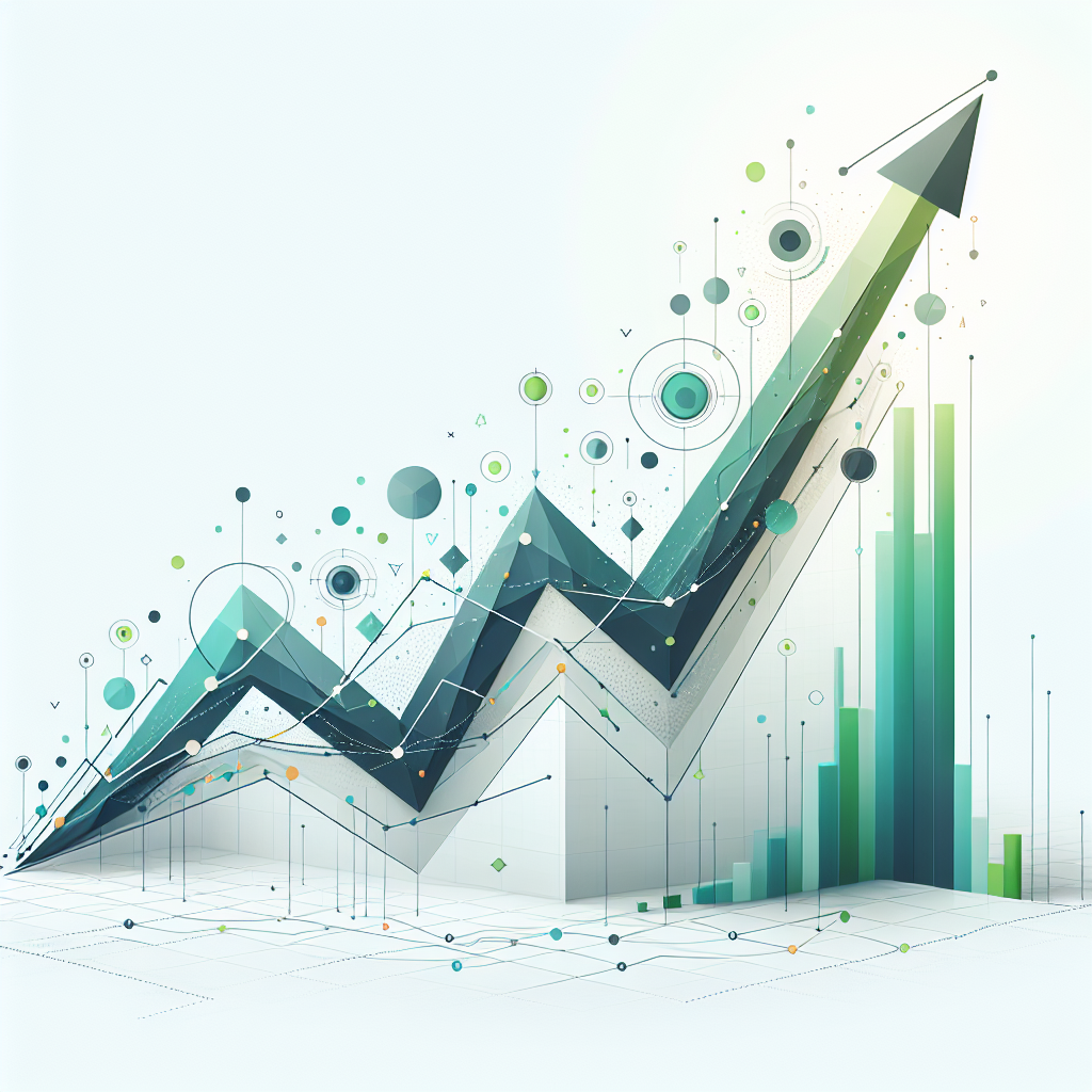 Upward trending graph with simple geometric elements, green and blue color palette, clean business infographic style, minimal design, growth concept