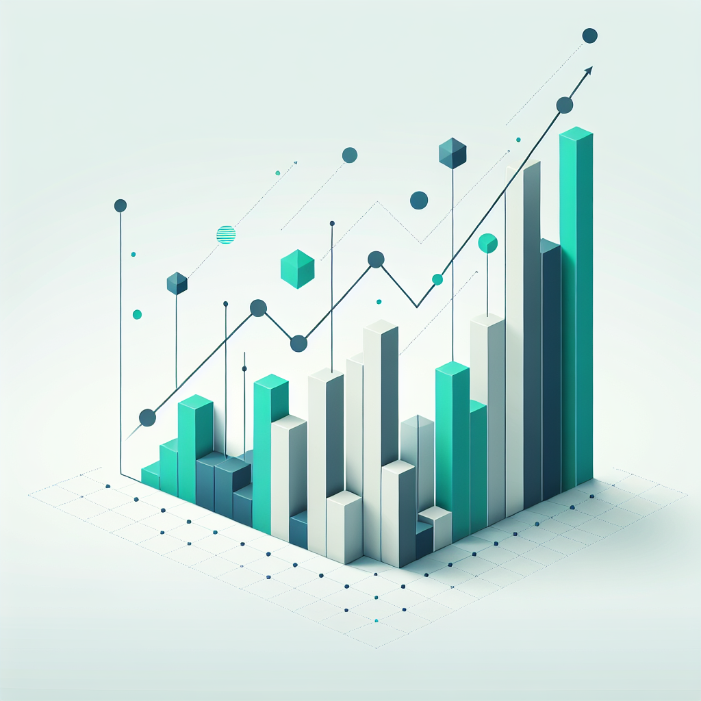 "Upward trending graph with simple geometric elements, green and blue color palette, clean business infographic style, minimal design, growth concept"