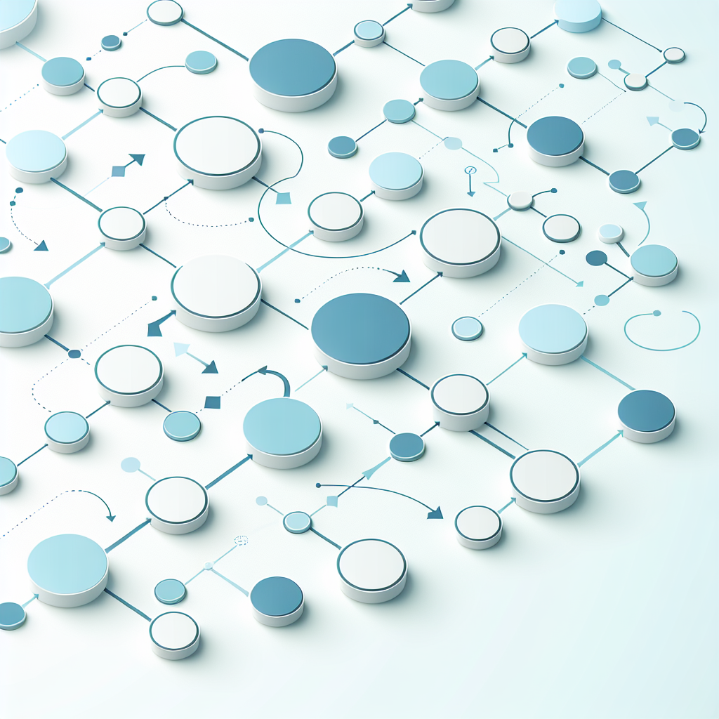 Simple flowchart illustration with connected circles and arrows, light blue and white color scheme, clean minimal design, business presentation style, infographic element