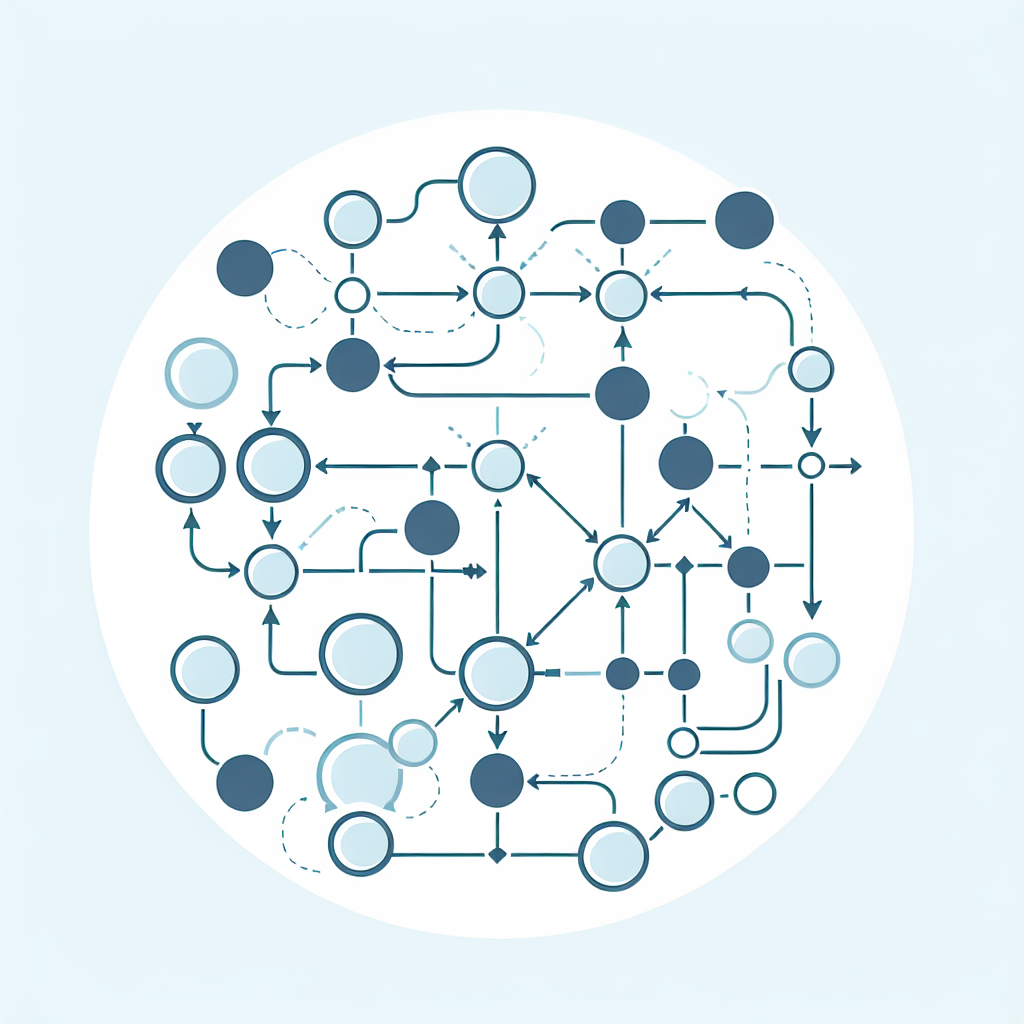 Simple flowchart illustration with connected circles and arrows, light blue and white color scheme, clean minimal design, business presentation style, infographic element