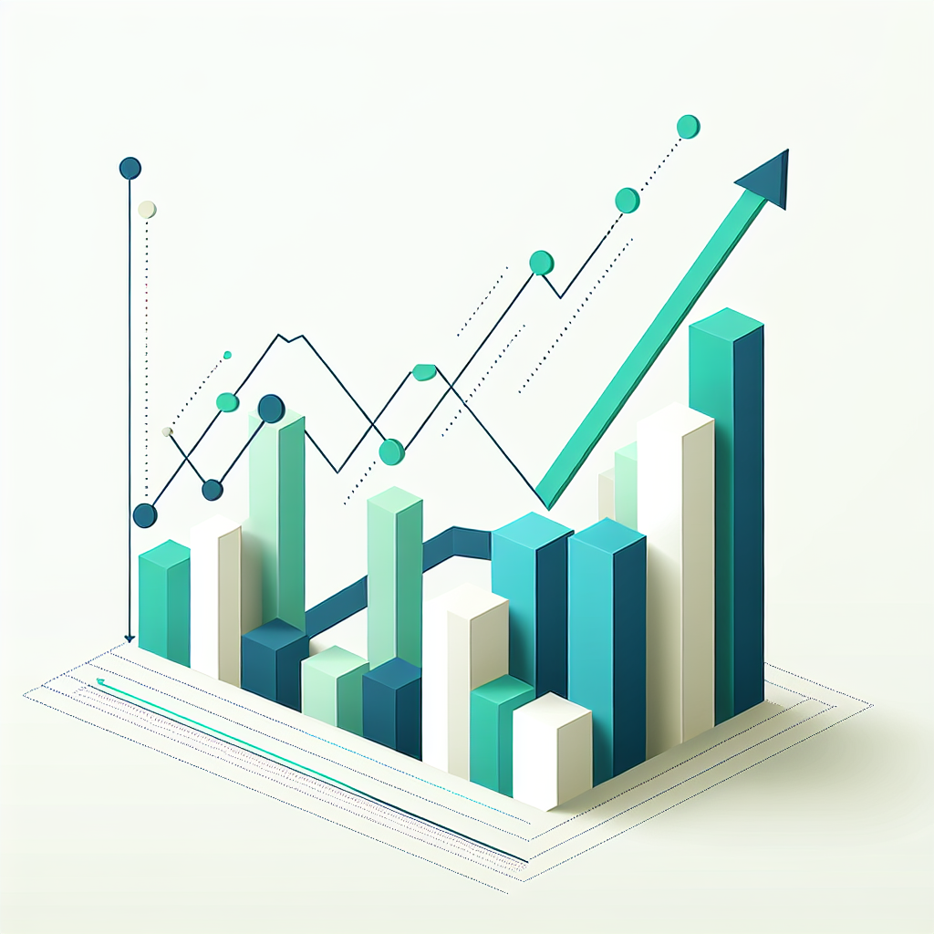 Upward trending graph with simple geometric elements, green and blue color palette, clean business infographic style, minimal design, growth concept