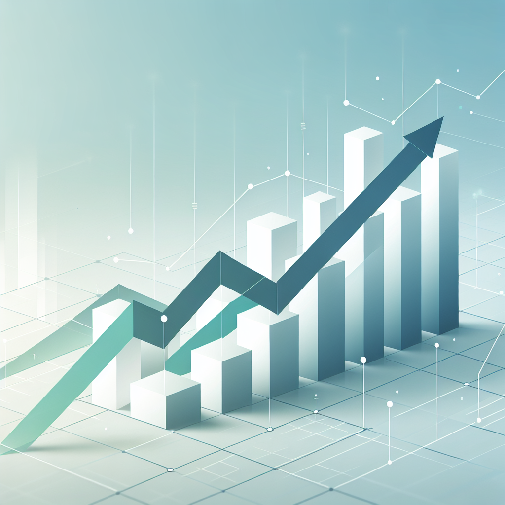 Upward trending graph with simple geometric elements, green and blue color palette, clean business infographic style, minimal design, growth concept