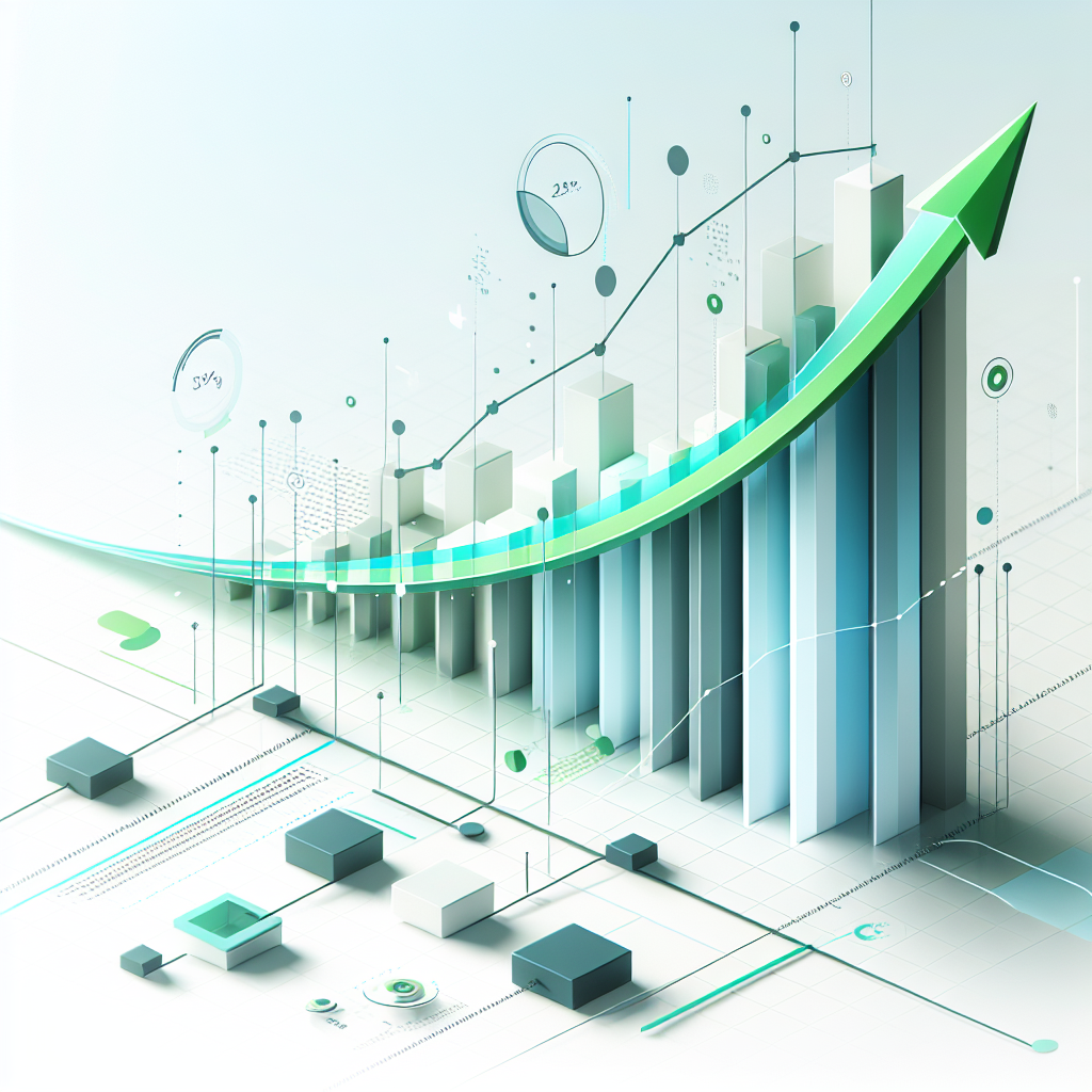 "Upward trending graph with simple geometric elements, green and blue color palette, clean business infographic style, minimal design, growth concept"