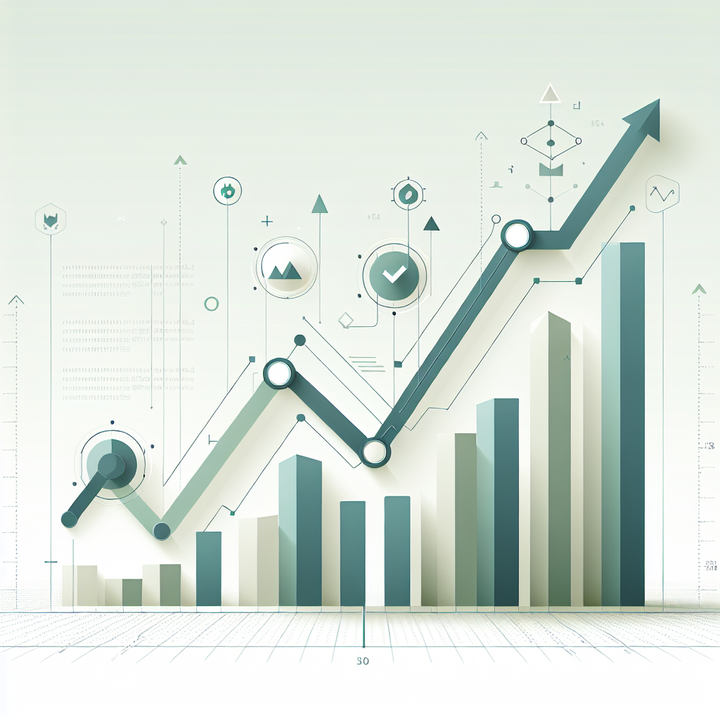 Upward trending graph with simple geometric elements, green and blue color palette, clean business infographic style, minimal design, growth concept