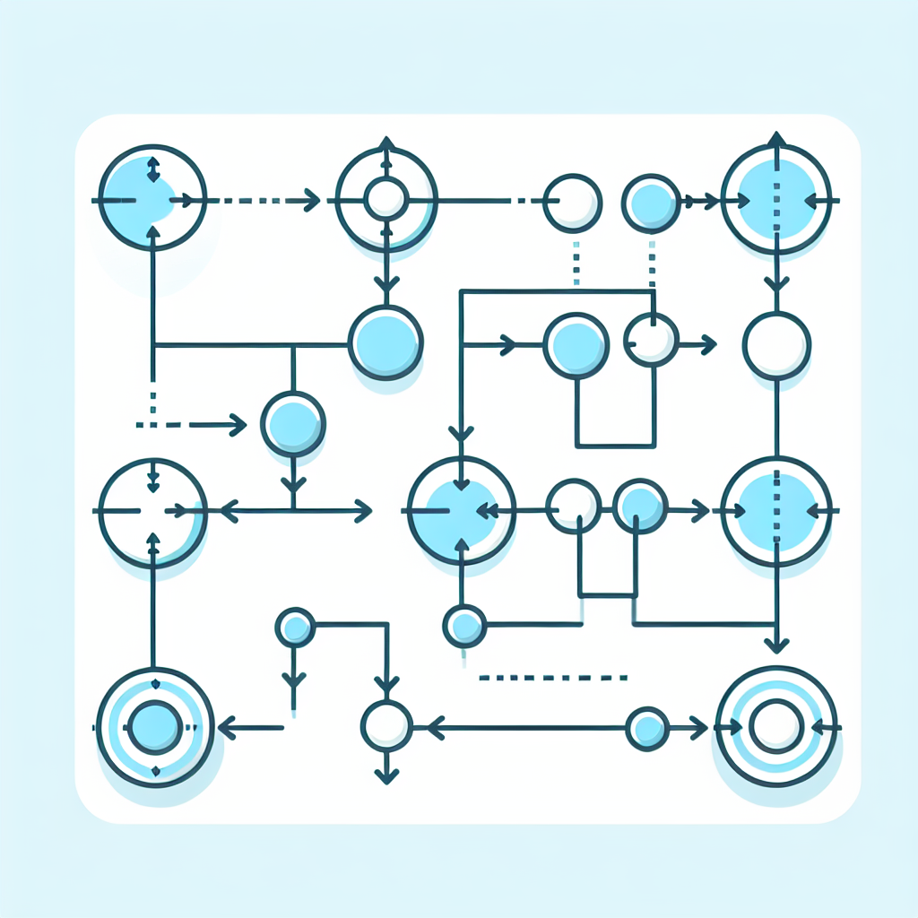 Simple flowchart illustration with connected circles and arrows, light blue and white color scheme, clean minimal design, business presentation style, infographic element