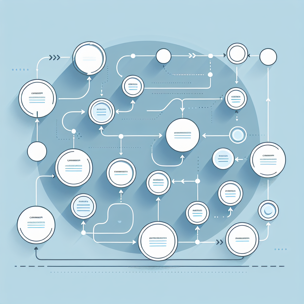 "Simple flowchart illustration with connected circles and arrows, light blue and white color scheme, clean minimal design, business presentation style, infographic element"