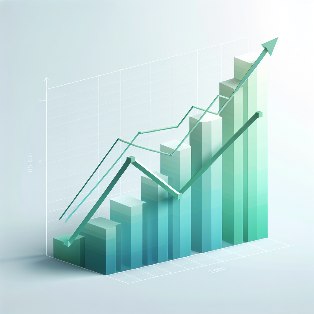 "Upward trending graph with simple geometric elements, green and blue color palette, clean business infographic style, minimal design, growth concept"