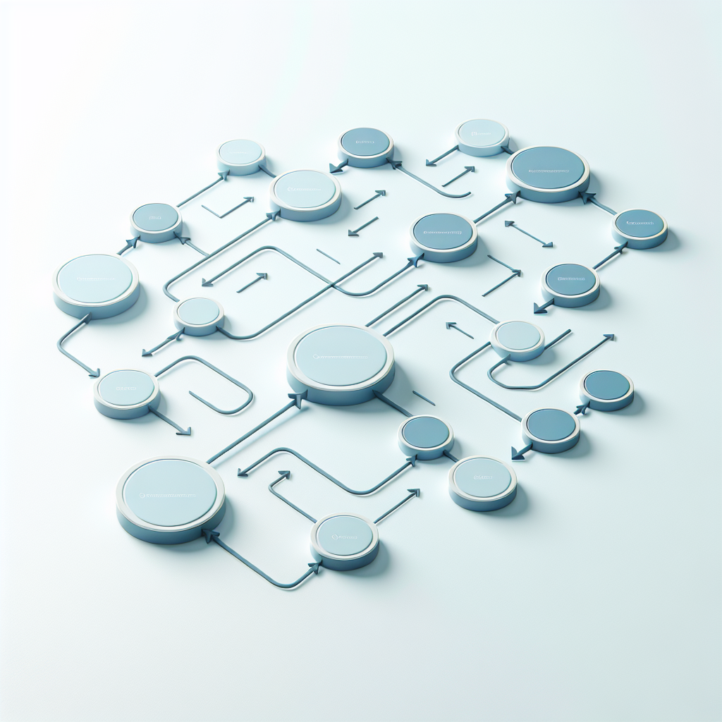 Simple flowchart illustration with connected circles and arrows, light blue and white color scheme, clean minimal design, business presentation style, infographic element