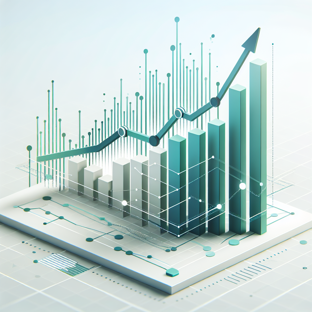 Upward trending graph with simple geometric elements, green and blue color palette, clean business infographic style, minimal design, growth concept