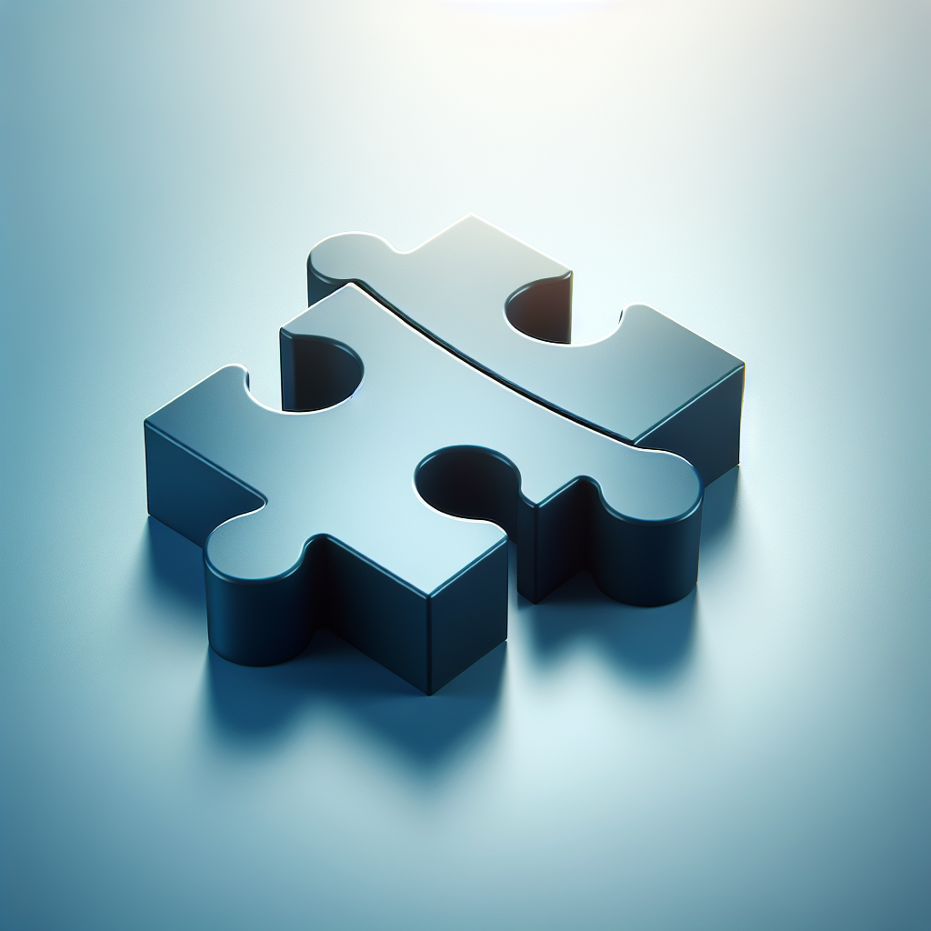 "Simple puzzle pieces connecting together, gradient blue background, clean flat design, business solution concept, minimalist style, success concept"