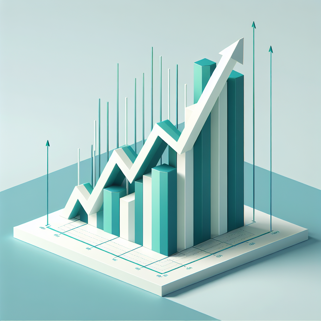 Upward trending graph with simple geometric elements, green and blue color palette, clean business infographic style, minimal design, growth concept