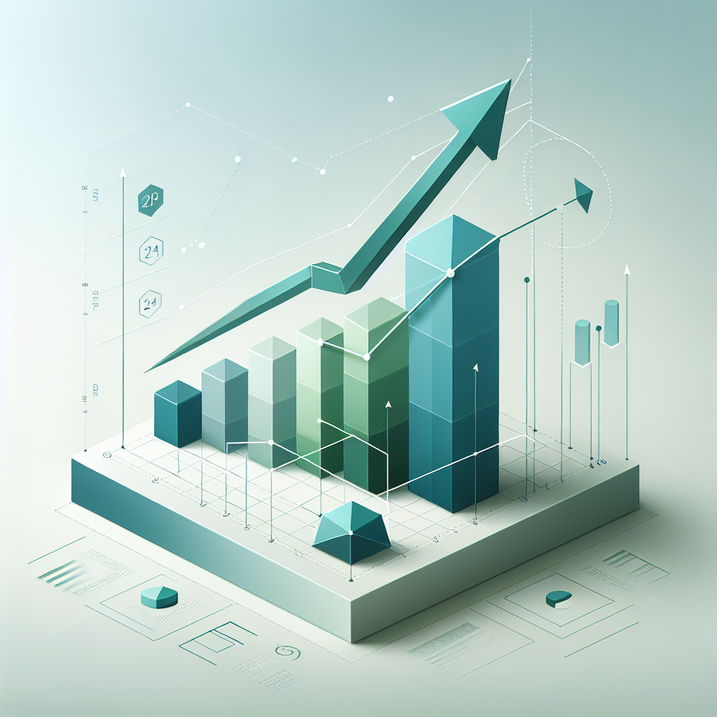 Upward trending graph with simple geometric elements, green and blue color palette, clean business infographic style, minimal design, growth concept