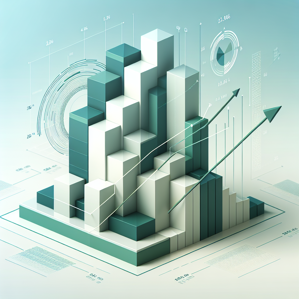 "Upward trending graph with simple geometric elements, green and blue color palette, clean business infographic style, minimal design, growth concept"