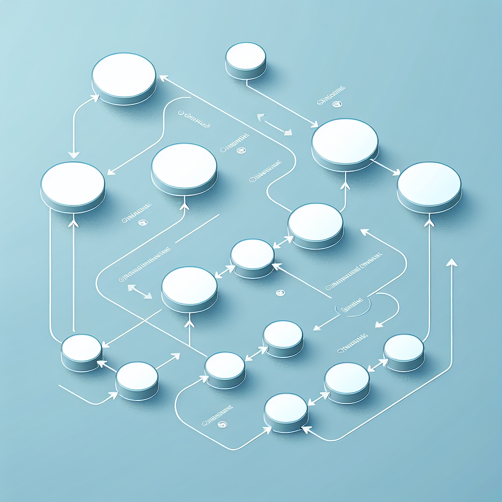 "Simple flowchart illustration with connected circles and arrows, light blue and white color scheme, clean minimal design, business presentation style, infographic element"