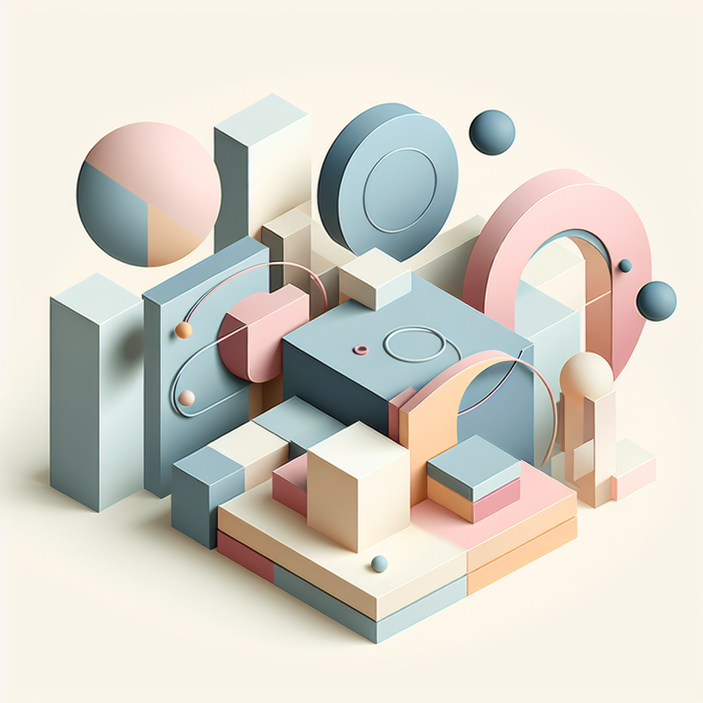 Abstract geometric composition with overlapping shapes, soft pastel colors, modern minimal style, professional business concept illustration, 3d render isometric