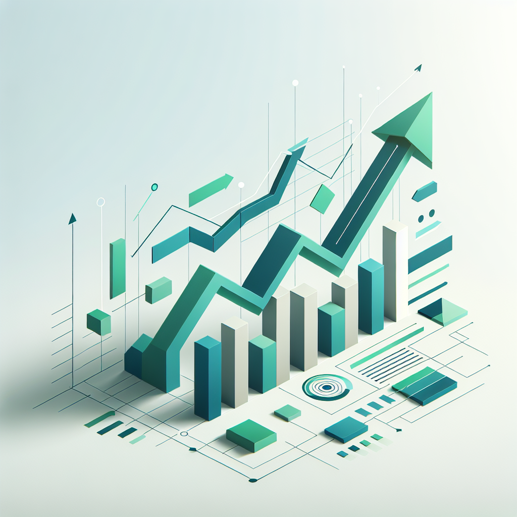 "Upward trending graph with simple geometric elements, green and blue color palette, clean business infographic style, minimal design, growth concept"