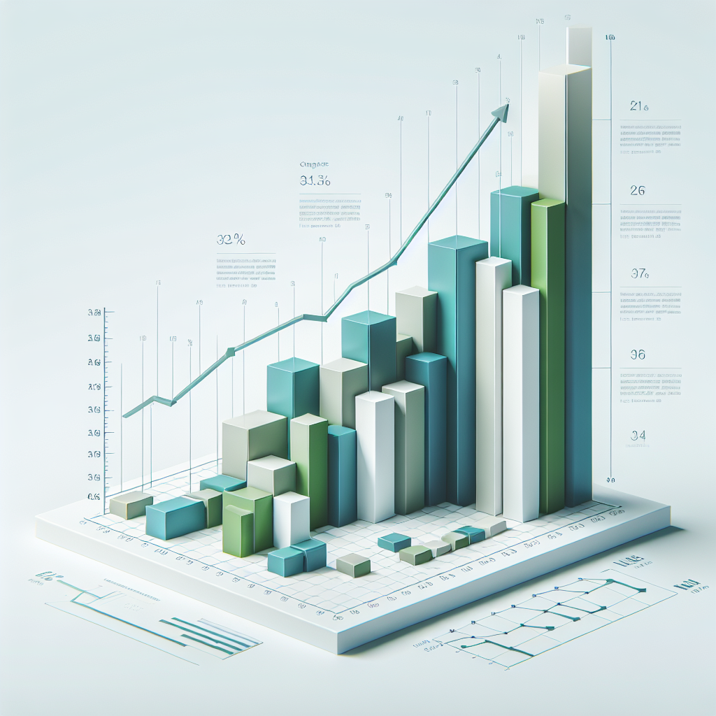 Upward trending graph with simple geometric elements, green and blue color palette, clean business infographic style, minimal design, growth concept