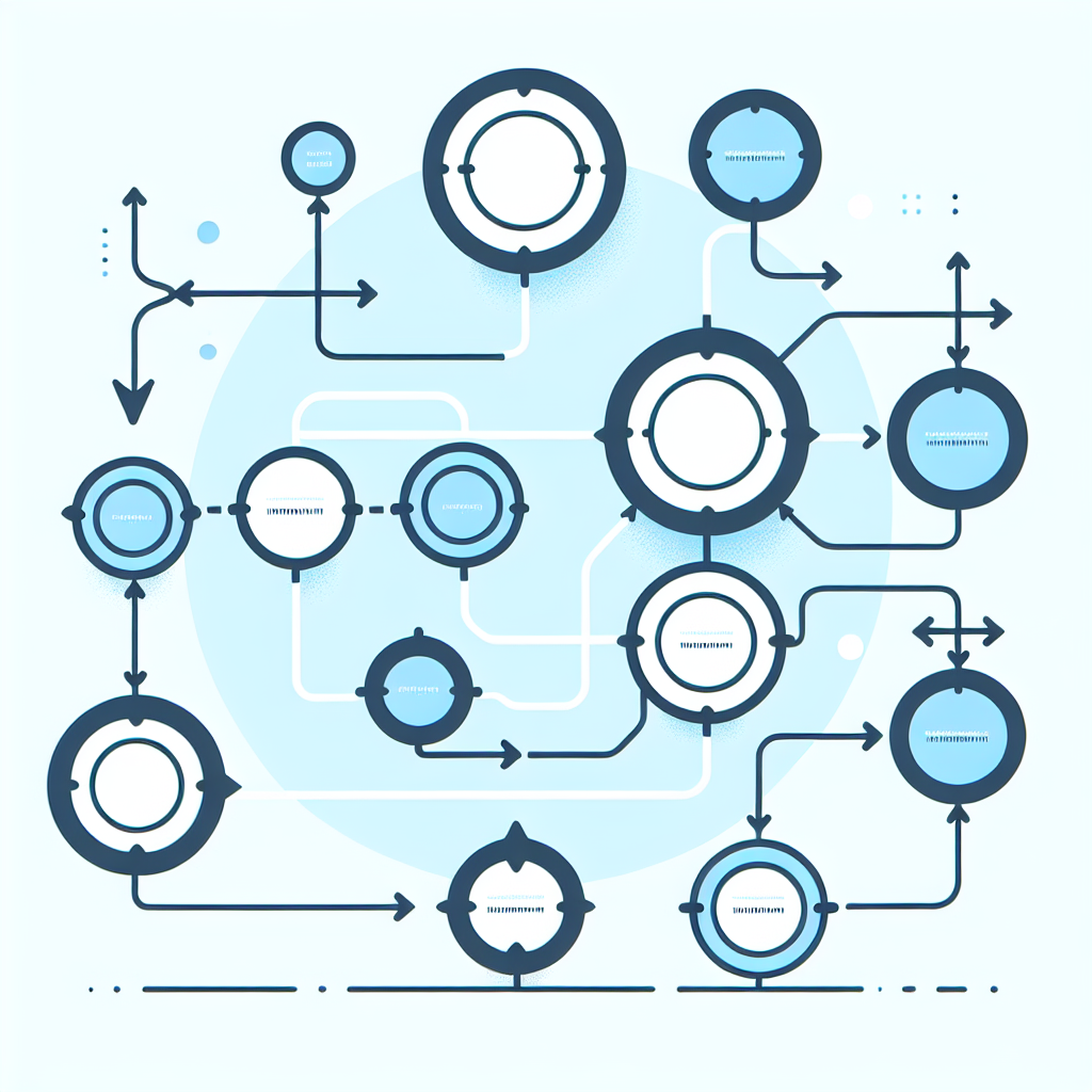 Simple flowchart illustration with connected circles and arrows, light blue and white color scheme, clean minimal design, business presentation style, infographic element