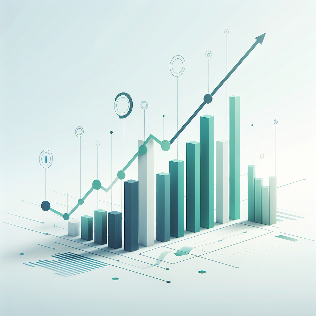 "Upward trending graph with simple geometric elements, green and blue color palette, clean business infographic style, minimal design, growth concept"