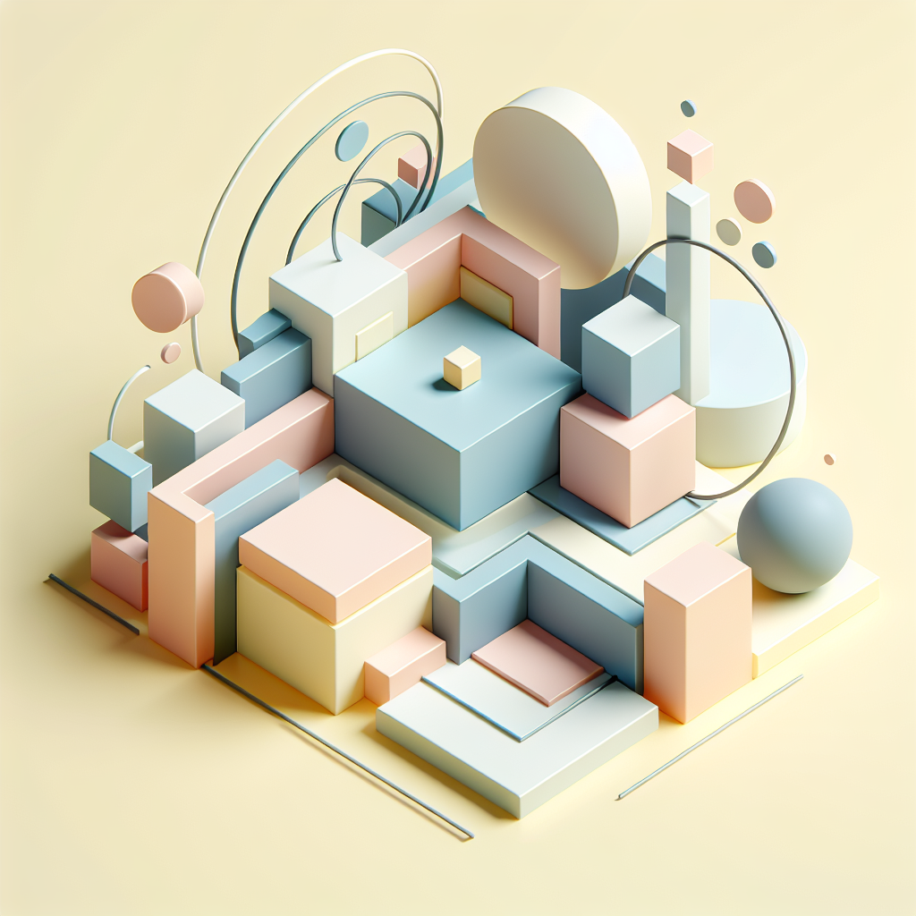 Abstract geometric composition with overlapping shapes, soft pastel colors, modern minimal style, professional business concept illustration, 3d render isometric