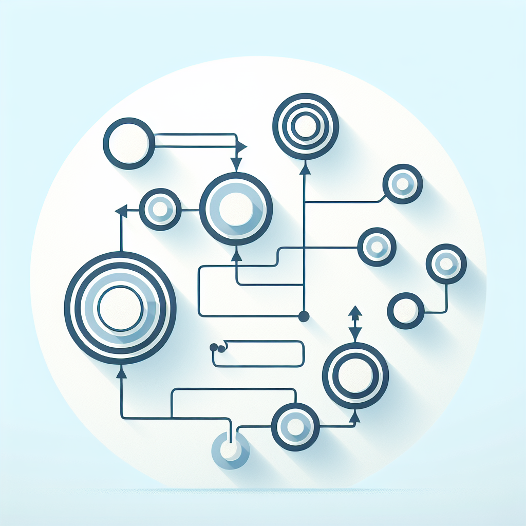 Simple flowchart illustration with connected circles and arrows, light blue and white color scheme, clean minimal design, business presentation style, infographic element