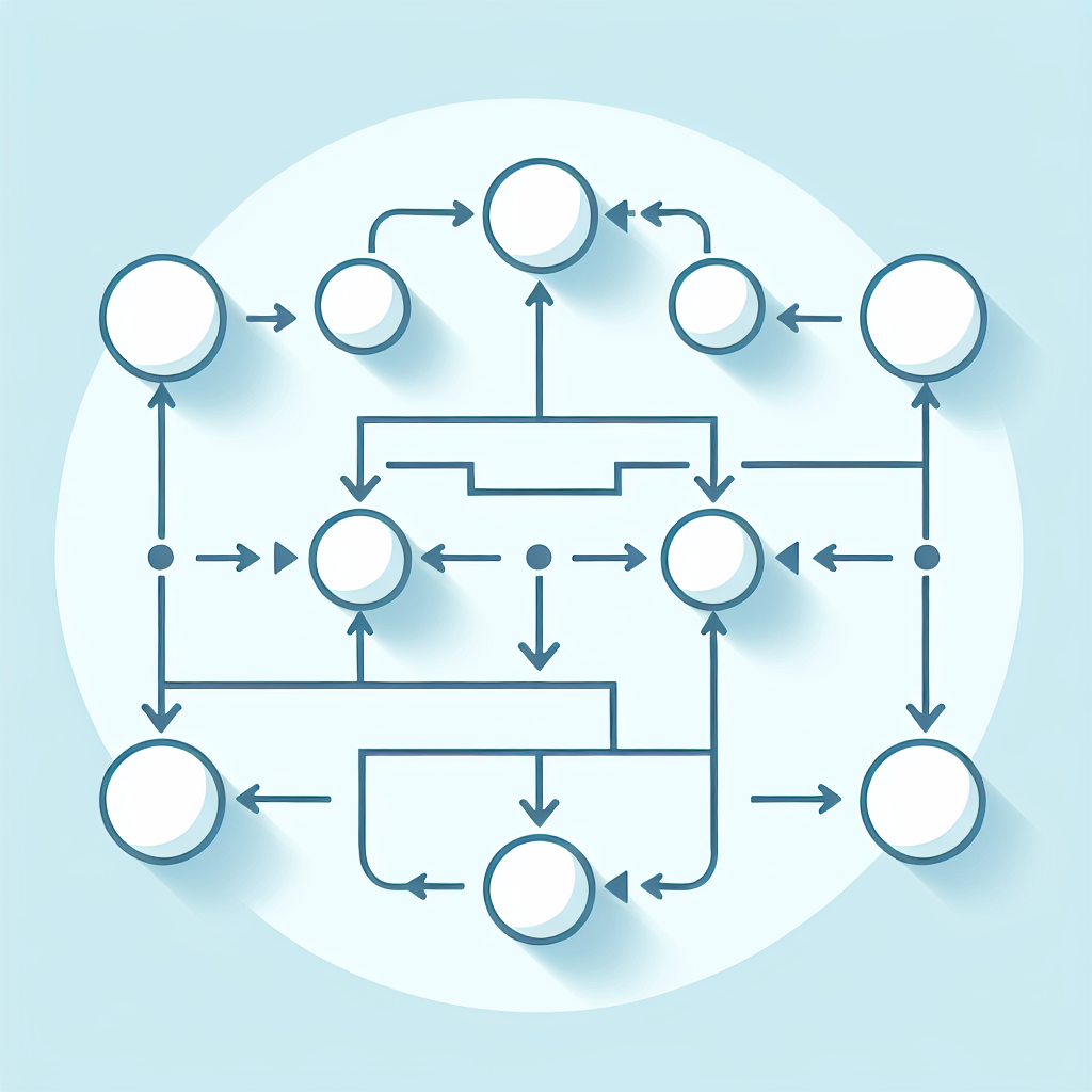 "Simple flowchart illustration with connected circles and arrows, light blue and white color scheme, clean minimal design, business presentation style, infographic element"