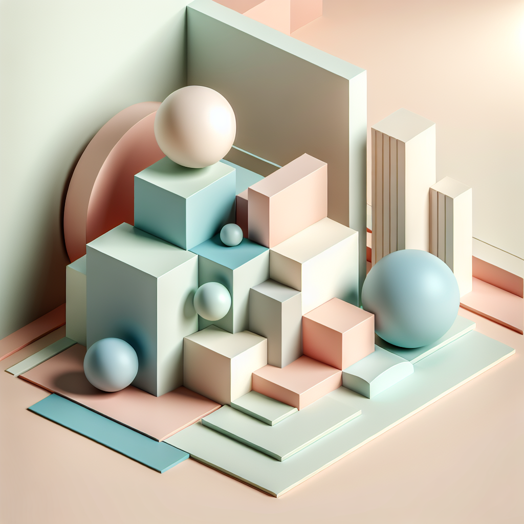 "Abstract geometric composition with overlapping shapes, soft pastel colors, modern minimal style, professional business concept illustration, 3d render isometric"